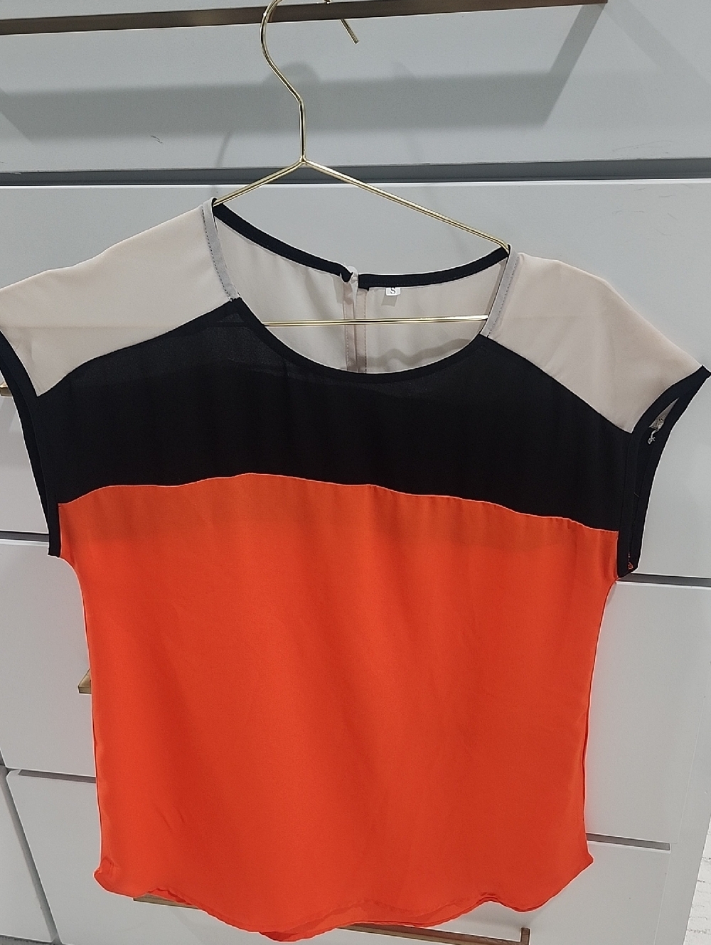 Colorblock Cap Sleeve Blouse - Orange, Black, Cream